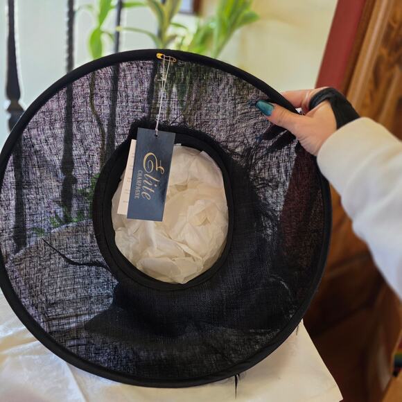 NIB Elite Champagne Black woven straw brim, with satin, feathers and gemstones‎ main image 4